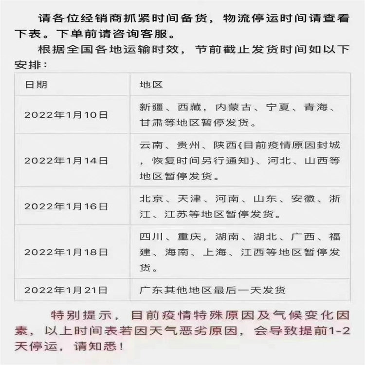 2022各地物流停运时间表