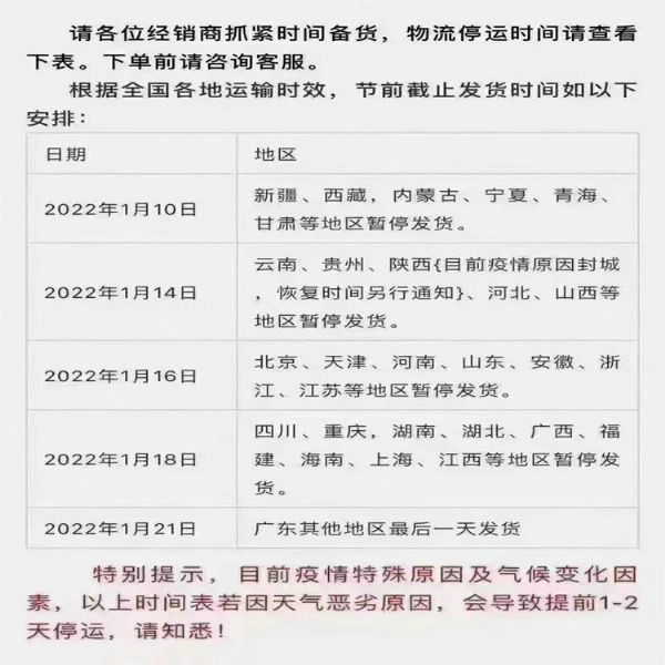2022各地物流停运时间表
